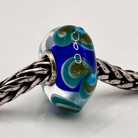 TROLLBEADS SALE Blue Turquoise Gold Textured Pinwheels LAA 925S NEW! Glitter - Picture 4 of 4
